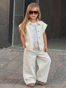 DAZY Young Girl) Lapel Casual Sleeveless Denim Top + Straight Leg Pants Two Pieces Denim Outfit Set - White - View 4