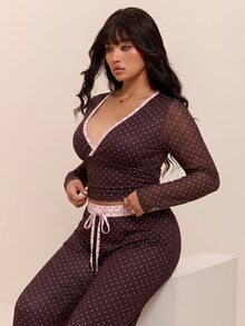 CovetEZ Contrast Polka Dot Slim Fit Flattering Casual Plus Size 2 Pieces Set - Brown - View 6