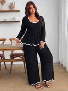 Enliva Set 2 Potong Wanita Plus Size Renda Hitam Blok Warna, Cocok untuk Pergi Kerja, Bentuk Tubuh Apel dan Bulat - Hitam dan Putih - View 3
