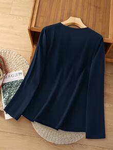 Rusticease Women's Solid Color V-Neck Long Sleeve Single-Breasted Casual Shirt - Navy Blue - View 2