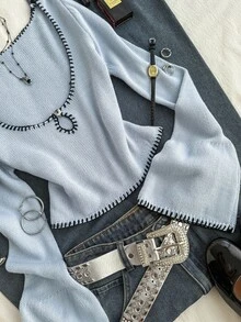 Jeanoix Vintage Contrast Color Trim Hollow Placket Bell Sleeve Knit Top Slim Fit Short Length Low Round Neck Women Sweater - Blue - View 5
