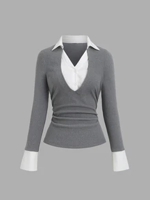 Sweetra Autumn/Winter New American Retro Polo Collar Patchwork Knit Slim Fit Flattering Women's 2 In 1 Shirt, Elegant Daily Study Commute - Grey - View 4