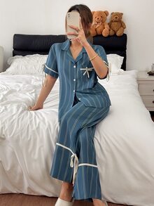Napfluff 條紋印花休閒居家服撞色翻領短袖女款睡衣長褲套裝 - 青碧色 - 查看 3
