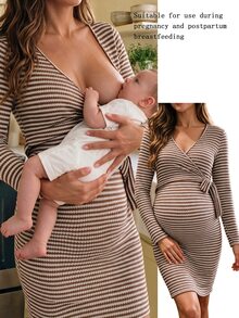 SHEIN Gaun Hamil Gaya Eropa-Amerika, Leher V, Lengan Panjang, Bodycon, Rajut, Model Wrap, Pakaian Rumah Formal, Warna Beige, Musim Gugur, Kasual, Longgar - Coffee Brown - View 1