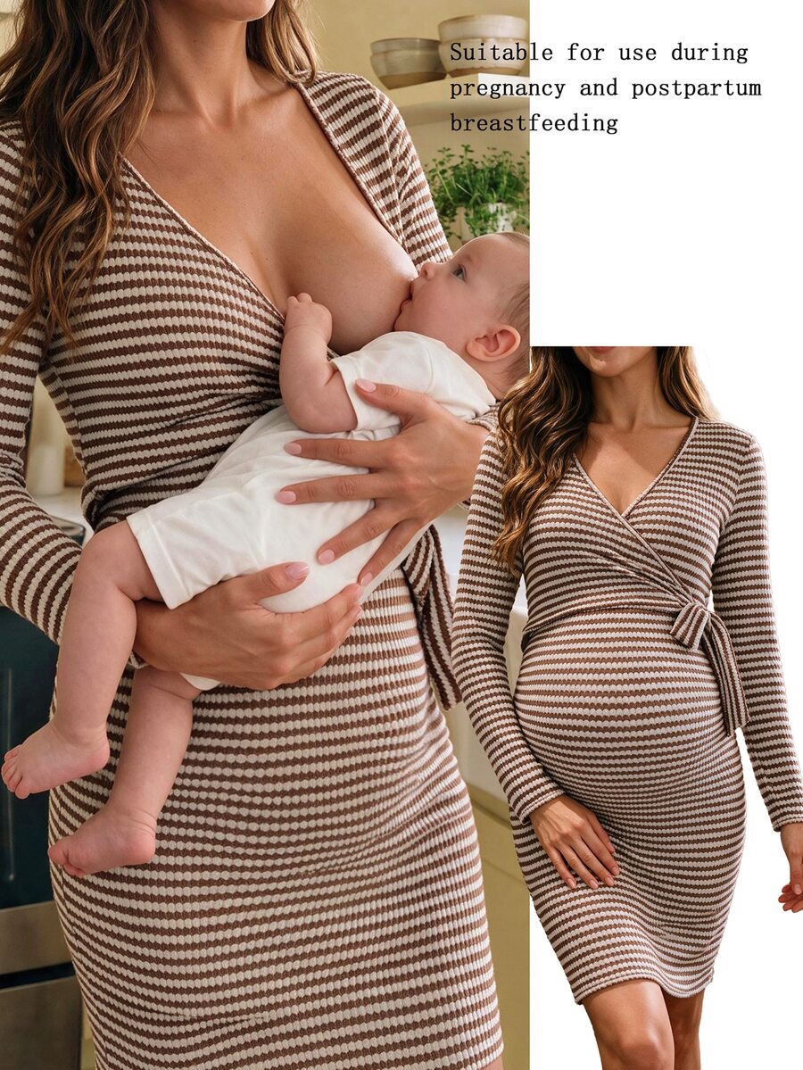 SHEIN Gaun Hamil Gaya Eropa-Amerika, Leher V, Lengan Panjang, Bodycon, Rajut, Model Wrap, Pakaian Rumah Formal, Warna Beige, Musim Gugur, Kasual, Longgar - Coffee Brown - View 1