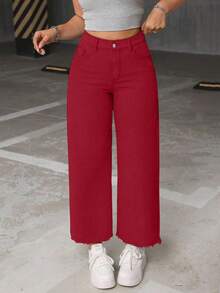 Jeanoix Plus Size Casual Versatile Frayed Hem Button Loose Fit Denim Jeans - Red - View 4