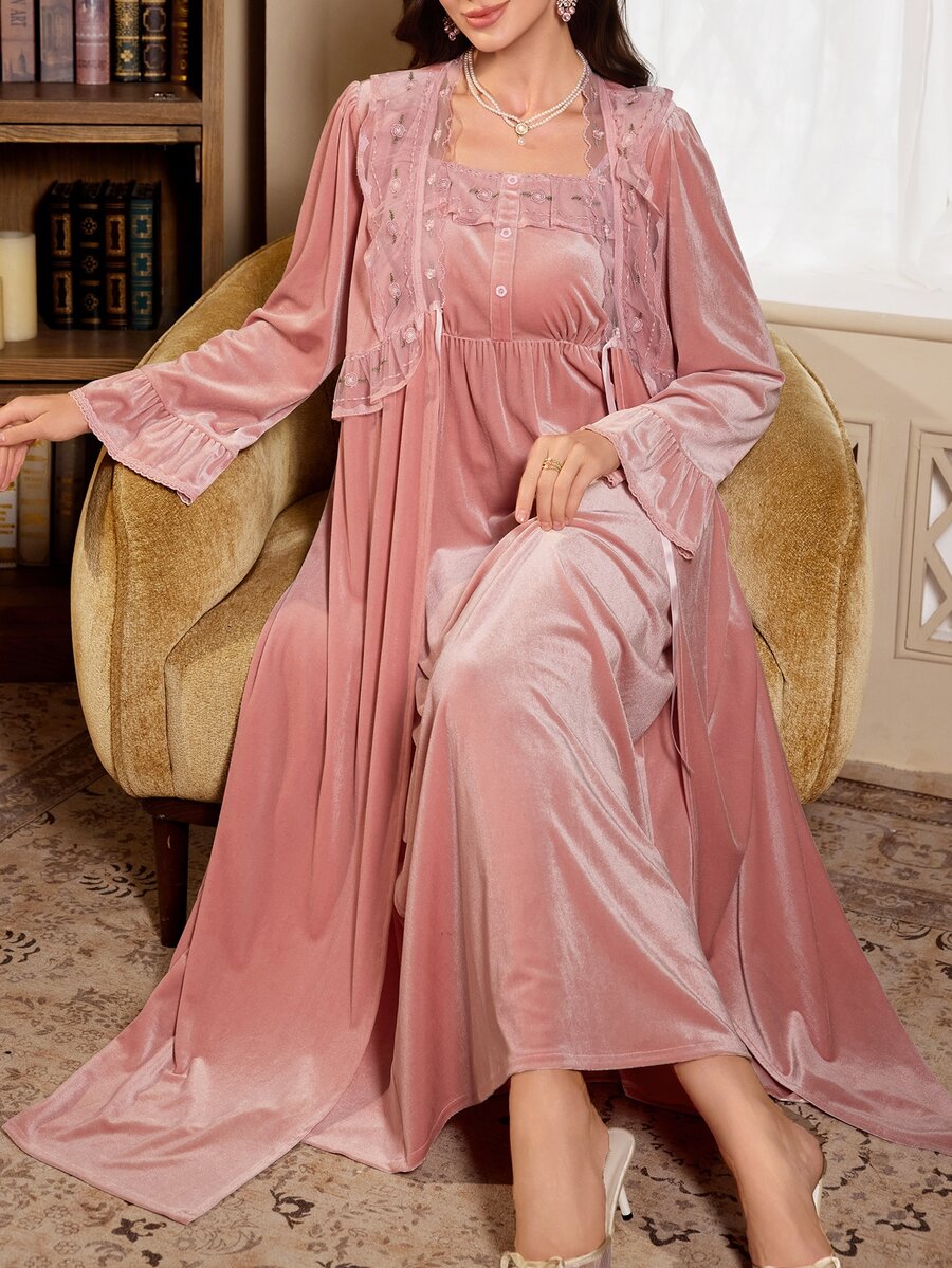 PalaceNights French Vintage Embroidered Lace Velvet Long Robe + Camisole Dress 2pcs Set For Women - Pink - View 1