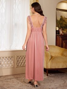 PalaceNights French Vintage Embroidered Lace Velvet Long Robe + Camisole Dress 2pcs Set For Women - Pink - View 5