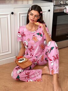 SweetSlumber طقم بيجامة نسائي لطيف بطبعة بابا نويل ورجل الثلج ورجل الزنجبيل والفيونكة بياقة دائرية لعيد الميلاد - وردي - مشاهدة 1