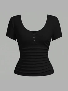 Slaydiva Plus Size Women's Solid Color Ribbed V-Neck Button Decor Slim Fit Short Sleeve T-Shirt - Black - View 4