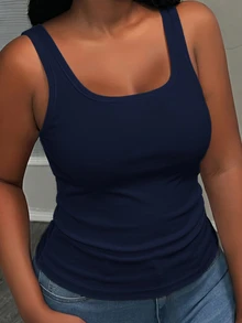 Slaydiva Plus Size Women's Solid Color Square Neck Casual Versatile Tank Top - Navy Blue - View 5