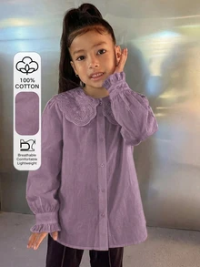 DAZY 青少年女孩秋季服飾蕾絲娃娃臉泡泡袖長袖甜美襯衫 - 紫色 - 查看 2