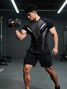 GymBeat Men's Tech Print Slim Fit Sports T-Shirt, Outdoor Gym Running Training Short Sleeve Tee - Black - View 5