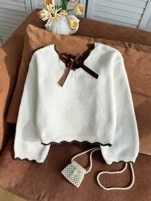 Genkimix Kids 女童粗針編織短版長袖毛衣 秋冬款，V領波浪荷葉邊下擺喇叭袖設計，時尚套頭衫 - 彩色 - 查看 5