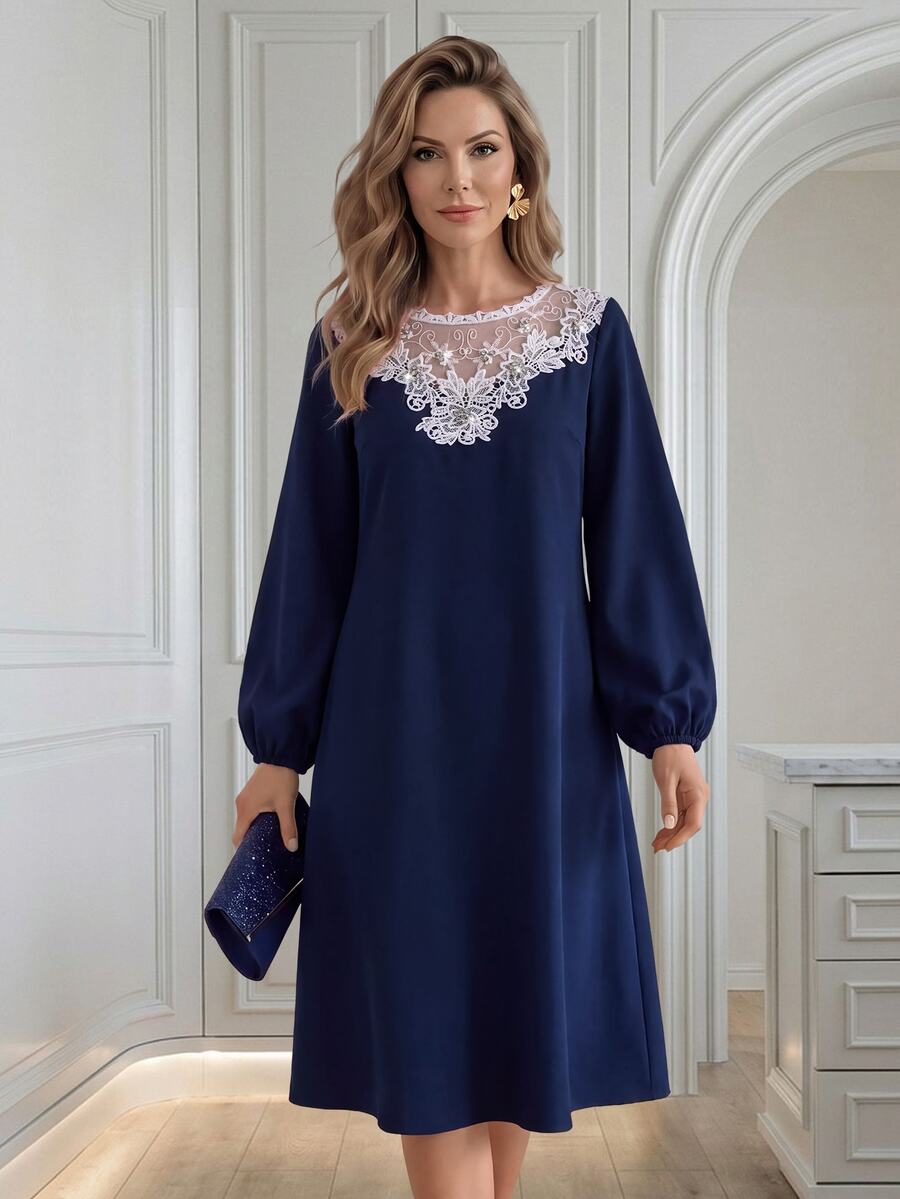 Medorina Women's French Fashion Lace Patchwork Long Sleeve Dress - Navy Blue - View 1