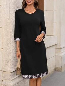EMERY ROSE Women's Elegant Casual Patchwork Mid-Length Party Office Business Dress Autumn Fall/Winter Dress - Black - View 1