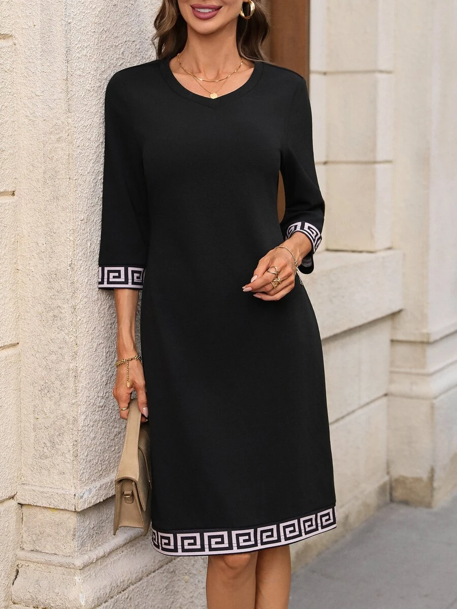 EMERY ROSE Women's Elegant Casual Patchwork Mid-Length Party Office Business Dress Autumn Fall/Winter Dress - Black - View 1