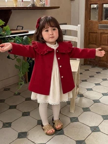 DAZY Young Girl Solid Color Peter Pan Collar Heart Single-Breasted Cute Overcoat - Red - View 7