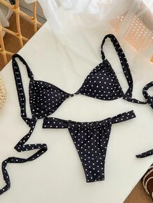 Swim Mod 春夏新款法式復古芋紫色波點甜辣女孩風兩件式泳衣海灘度假套裝 - 黑與白 - 查看 3