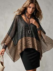 Glimmora Leopard Print Patchwork V-Neck Chic Fashionable Versatile Top Suitable For Dates, Vacations, Parties, Daily Outings, Gatherings, Outdoor Activities - Black - View 6