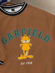 GARFIELD | SHEIN Daypath 男士條紋卡通印花撞色短袖T恤 - 棕色 - 查看 2