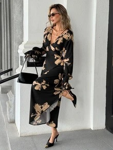 Pariaura Four-Way Stretch Printed V-Neck Ruched Front Long Sleeve Dress - Multicolor - View 5
