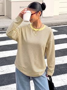Muchica 女款淺黃色條紋露背繫帶前襟長袖T恤，適合外出、返校、街頭風、露背上衣、秋季上衣，適用於日常通勤、派對、秋冬夏季、聖誕節、新年、感恩節、婚禮、海灘、畢業典禮、優雅風格、約會、情人節等場合 - 彩色 - 查看 4