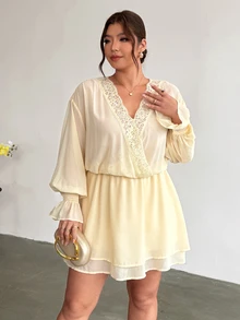Firerie Plus Size Women's Solid Color Contrast Lace V-Neck Ruffle Cuff Fashion Dress - Light Yellow - View 5