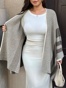 Easura Baju Rajut Longgar Bergaris Elegan untuk Wanita Ukuran Plus, Cocok untuk Perjalanan Sehari-hari - Khaki - View 8