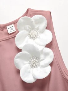 SHEIN Pitira Teen Girls Pink Elegant 3D Floral Decor Waist-Cinching A-Line Sleeveless Dress, Formal Wear - Pink - View 5