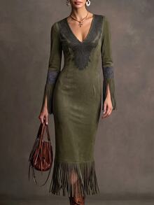 LUMIGAL Women's Printed V-Neck Tassel Cuff Elegant Vintage Dress - Olive Green - View 4