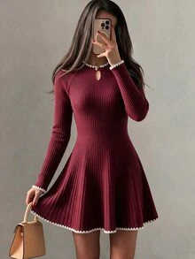 Modelyn Women's Pleated Elegant Autumn/Winter Long Sleeve Sweater Dress - Burgundy - View 1
