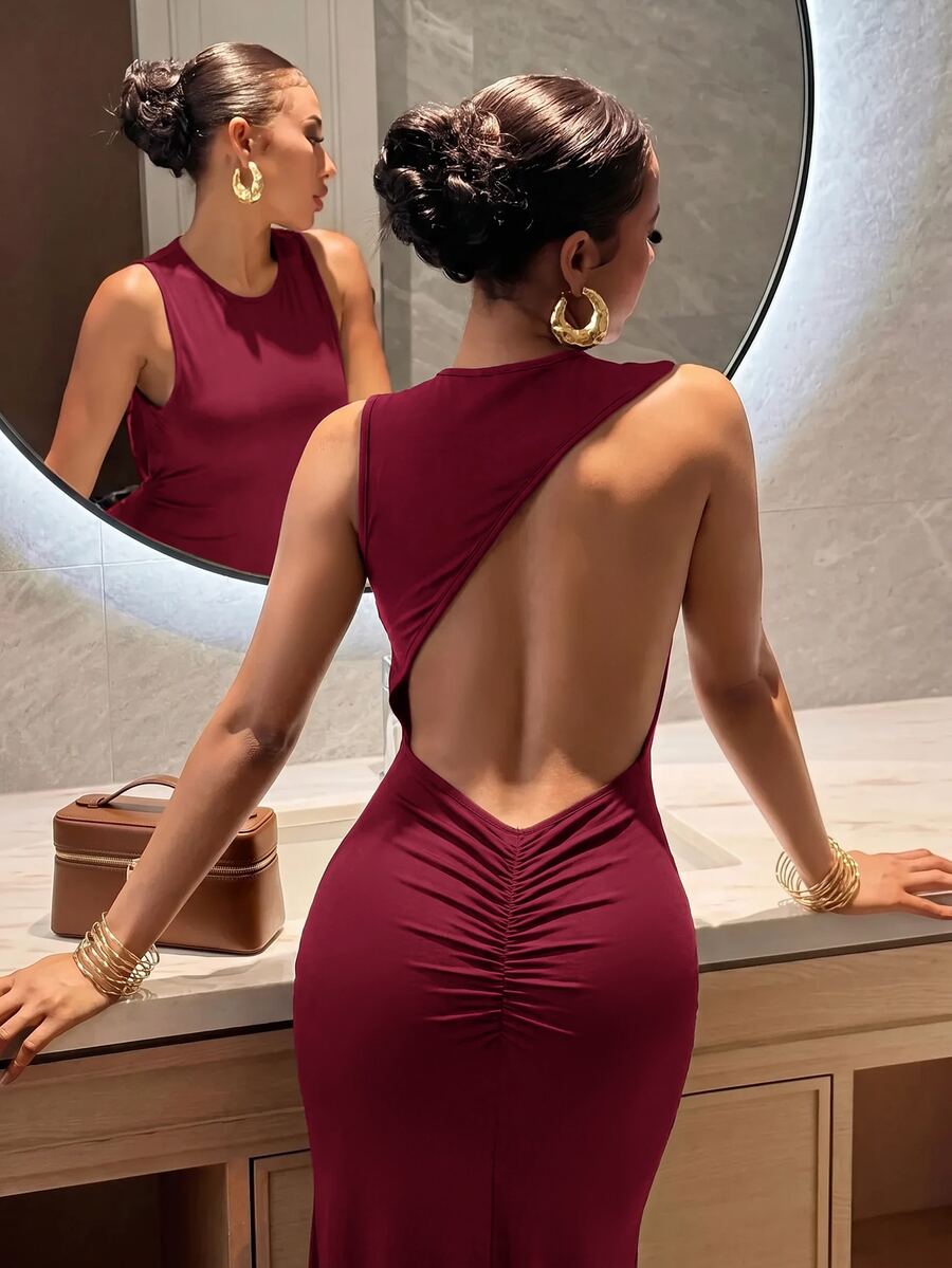 Slaydiva Women Elegant One Shoulder Backless Ruched Mermaid Maxi Dress Side Knot Draped Bodycon Evening Gown - Burgundy - View 1
