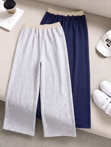 SHEIN Tween女孩 秋冬款 2件組休閒百搭街頭風口袋寬鬆闊腿拼接撞色雙腰帶設計運動長褲，適合學校、外出等多種場合 - 彩色 - 查看 3