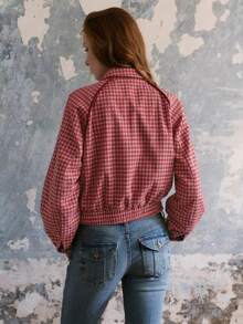 Nöista Women's Jacket With Checks Fabric. Oriental Buttons On The Planket For Closing In Contrast Color, Perfect For Fall Winter, Casual, Cute - Red - View 6