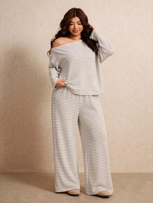 Elaquor Plus Size Women's Striped Asymmetrical Shoulder Long Sleeve T-Shirt And Pants Casual 2 Pieces Set - Apricot - View 4
