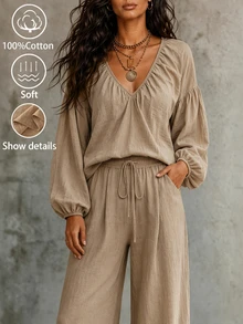 LUMIGAL Women's 2 Pieces Set, Casual Daily Outfit, Solid Color Set - Grey - View 4