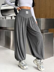 SHEIN EZwear 女款日常灰色針織高腰長褲 - 淺灰色 - 查看 5