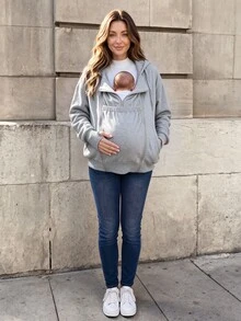SHEIN Sweatshirt Nyaman Lengan Panjang Warna Polos untuk Ibu Hamil dengan Tudung yang Dapat Dilepas - Grey - View 8