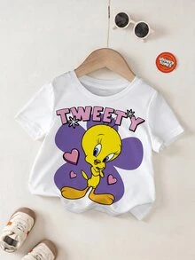 LOONEY TUNES X SHEIN Baby Girl Letter Cartoon Print Round Neck Short Sleeve Casual Top - White - View 1