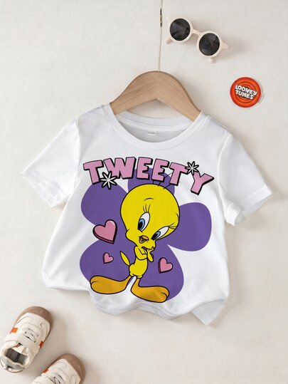 LOONEY TUNES X SHEIN Baby Girl Letter Cartoon Print Round Neck Short Sleeve Casual Top