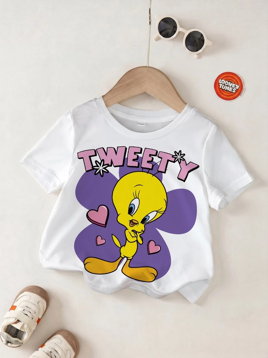 LOONEY TUNES X SHEIN Baby Girl Letter Cartoon Print Round Neck Short Sleeve Casual Top - White - View 1