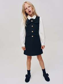 Maija Kids Maija Kids 兒童青少年女孩蝴蝶結設計拼色黑白長袖洋裝 - 黑與白 - 查看 5