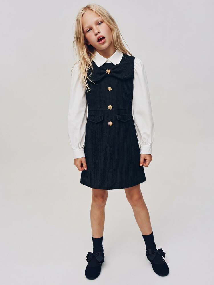 Maija Kids Maija Kids Kids Tween Girl Bow Design Colorblock Black & White Long Sleeve Dress - Black and White - View 5