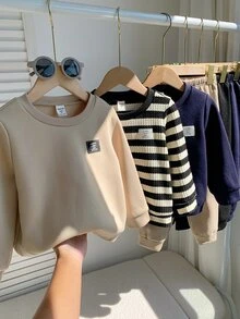 SHEIN 小男孩秋冬保暖內裡加厚卡通熊針織軟綿圓領長袖套頭運動衫彈性腰長褲6件套百搭舒適 - 彩色 - 查看 6