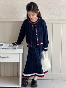 DAZY Tween Girls Sweater Set Cardigan And Dress Striped Decor Casual Fashion Creative Personalized Fresh Cute - Navy Blue - View 1