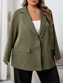 SHEIN CURVE+ 大尺碼女款素色翻領長袖西裝外套 - 軍綠色 - 查看 6