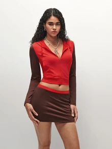 SHEIN TRNDY Women's 2000s Style Streetwear Colorblock Sleeve Pocket Hooded Sweatshirt And Skirt Y2K Set - Red - View 3