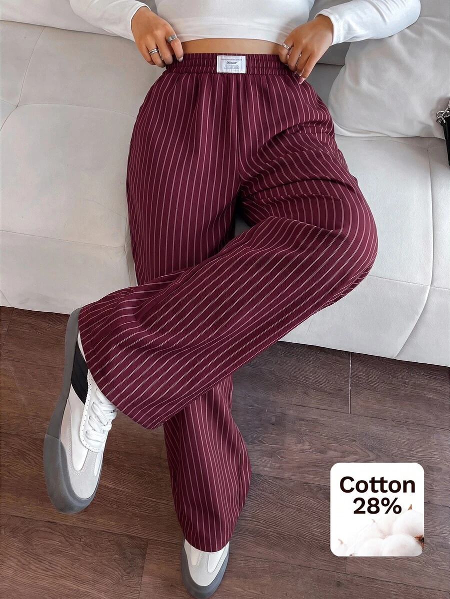 SHEIN EZwear 酒紅色女款寬腿長褲 梭織 秋冬款 - 酒紅色 - 查看 1