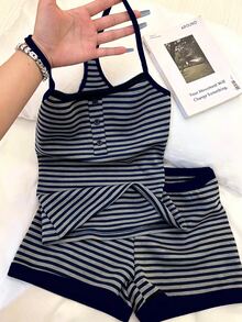 IslaSuriya 新款女款休閒條紋細肩帶上衣與短褲兩件套 - 寶藍色 - 查看 4
